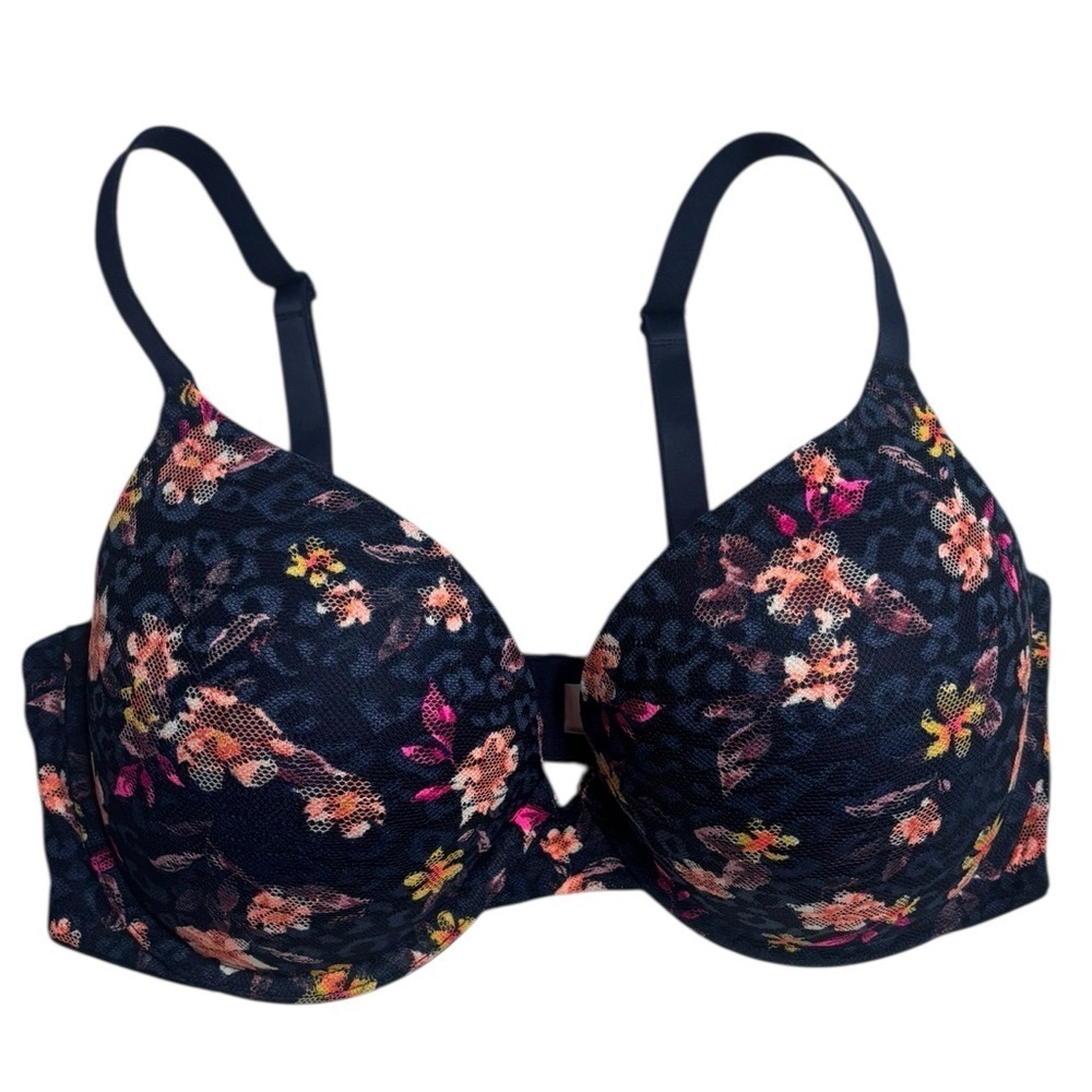 Victoria's Secret PINK Wear Everywhere Push Up Bra Women's 34DD Blue Floral Mesh